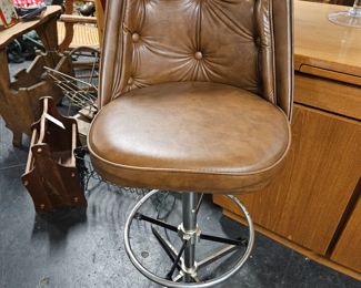 (2) Vintage Bar Height Brown Tufted Curved Back Chrome Frame with Footrest Bar Chairs 29.5"H from floor To Seat x 19"W x 41"H    $375