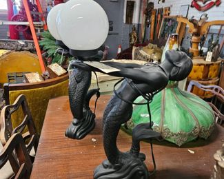 (2) Vintage Black Matte Mermaid Table Lamps with Globe $295 each  $550 for both