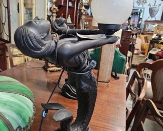 (2) Vintage Black Matte Mermaid Table Lamps with Globe $295 each  $550 for both