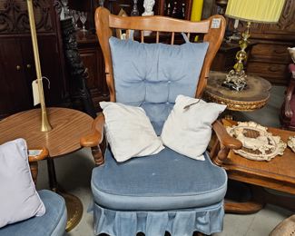 (2) Solid Wood With Light Blue Padded Seat & Back Cushion  Rocker Glider Chairs $195 for Pair   