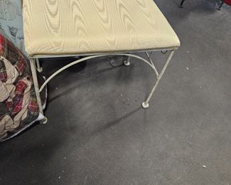 Vintage Cream Metallic Padded Cushion White Painted Cast Iron Footstool Bench $175