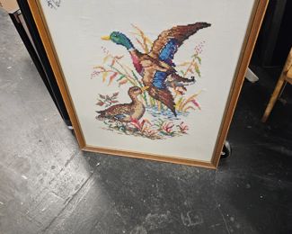 Large Framed Cross Stitch Needlework Mallard Ducks $65