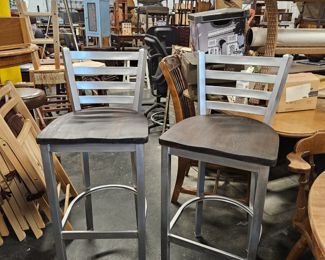(2) Jasper Group Silver Metallic Solid Wood Seat Slat Back Bar Height Bar Chairs with Footrests 30.25"H from floor to Seat x 16.75"W x 15.75"D  $250 