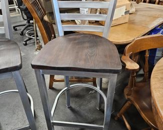 (2) Jasper Group Silver Metallic Solid Wood Seat Slat Back Bar Height Bar Chairs with Footrests 30.25"H from floor to Seat x 16.75"W x 15.75"D  $250 