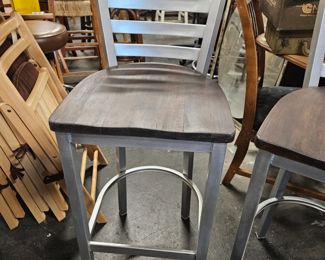 (2) Jasper Group Silver Metallic Solid Wood Seat Slat Back Bar Height Bar Chairs with Footrests 30.25"H from floor to Seat x 16.75"W x 15.75"D  $250 