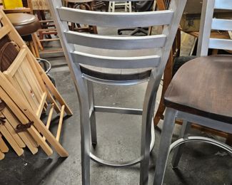 (2) Jasper Group Silver Metallic Solid Wood Seat Slat Back Bar Height Bar Chairs with Footrests 30.25"H from floor to Seat x 16.75"W x 15.75"D  $250 