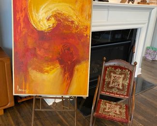 signed abstract oil painting,  Antique 19th Century Folding Wooden rocking Chair Floral Tapestry Victorian 
