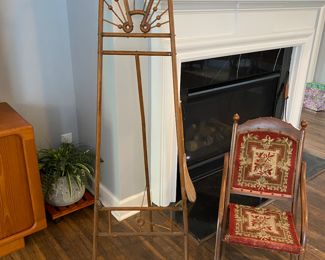  Antique Victorian Oak Stick & Ball Art Display Easel (Eastlake?), Antique  Folding Wooden rocking Chair Floral Tapestry Victorian 