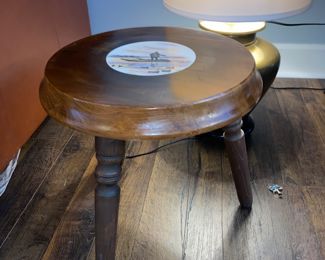 3 legged milkin g stool w/ hand painted tile top