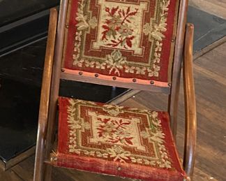 Antique 19th Century Folding Wooden rocking Chair Floral Tapestry Victorian