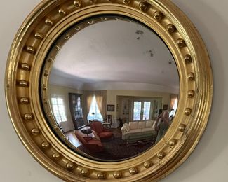 Antique Neo-Classical English Convex Mirror Circa 1815. Convex Mirror Is Set In Circular Molding of Brick Laid Pine, Gessoes & Gilted.
