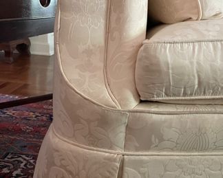 Baker Furniture Curved Down-Filled Cushion Sofa Upholstered in A Cream Color Damask Fabric. Measures 80" W x 36" D. Gorgeous As Is But Wouldn't She Be A Knockout In A Blue Velvet or Mulberry Home's Flying Ducks Fabric?! Ask Us For Resources! Photo 3 of 3.