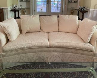 Baker Furniture Curved Down-Filled Cushion Sofa Upholstered in A Cream Color Damask Fabric. Measures 80" W x 36" D. Gorgeous As Is But Wouldn't She Be A Knockout In A Blue Velvet or Mulberry Home's Flying Ducks Fabric?! Ask Us For Resources! Photo 1 of 3.