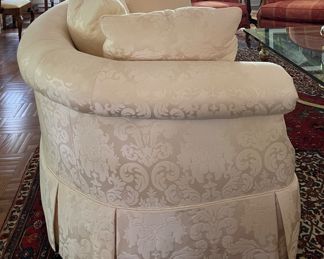 Baker Furniture Curved Down-Filled Cushion Sofa Upholstered in A Cream Color Damask Fabric. Measures 80" W x 36" D. Gorgeous As Is But Wouldn't She Be A Knockout In A Blue Velvet or Mulberry Home's Flying Ducks Fabric?! Ask Us For Resources! Photo 2 of 3.