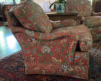 Pair of Baker Furniture Club Chairs Upholstered In A Clarence House Fabric With Contrasting Piping. Each Chair Measures 32" W x 36" D. Photo 3 of 4.