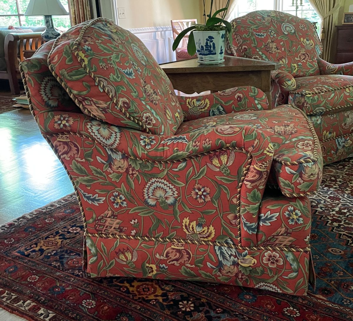 Pair of Baker Furniture Club Chairs Upholstered In A Clarence House Fabric With Contrasting Piping. Each Chair Measures 32" W x 36" D. Photo 3 of 4. 