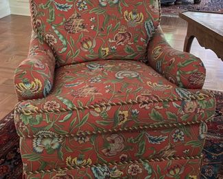 Pair of Baker Furniture Club Chairs Upholstered In A Clarence House Fabric With Contrasting Piping. Each Chair Measures 32" W x 36" D. Photo 1 of 4.