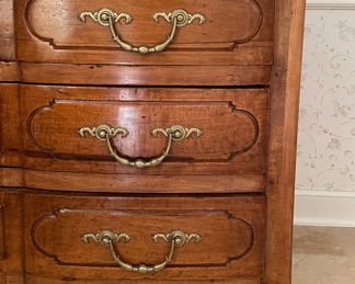 Antique French Provincial Regency-Style Fruitwood Commode with Brass Hardware. Photo 2 of 6.