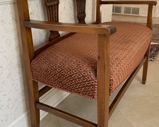 Upholstered Bench with Sheaf of Wheat Splats. Measures 39" W x 19" D with 20" Seat Height. Photo 2 of 3.