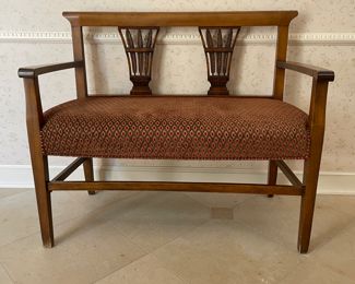 Upholstered Bench with Sheaf of Wheat Splats. Measures 39" W x 19" D with 20" Seat Height. Photo 1 of 3.