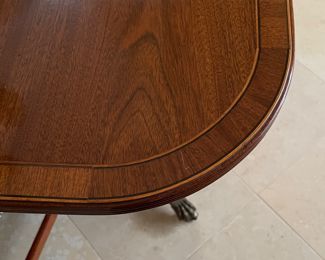 Antique Georgian-Style Satinwood Banded Double Pedestal Dining Table with Claw Feet. Measures 66" - 120" L (with four 13.5" Leaves) x 40" W x 28.5" H. Photo 2 of 5.