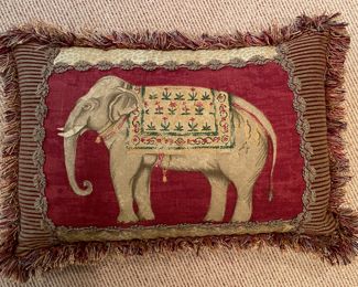 Down-Filled Elephant Print Lumbar Pillow with Fringe and Contrasting Flip Side Fabric. Photo 1 of 2.