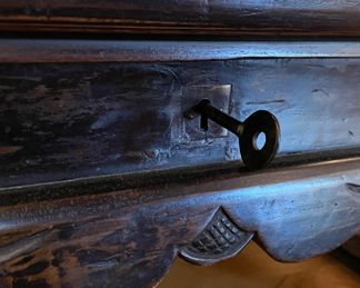 Golden Triangle Antique Chinese Elmwood Kang / Low Table with Decorative Key. Measures 32" W x 19" D x 13" H. Photo 3 of 6.