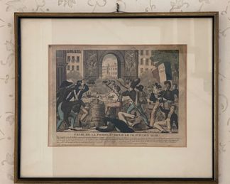 Antique Hand-Painted Etching, "Prise De La Porte St. Denis Le 28 Juillet 1830" - 4 Available (3 Shown). Each Measures 12" x 9" without Frame; 18.25" x 15.5" with Frame. Photo 3 of 3.