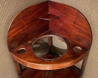 Antique 19th Century English Mahogany Corner Washstand. Measures 42" H - 2 Available. Photo 2 of 3.