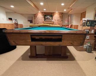 Vintage Pool Table. Measures 56" W x 8' 4" ; Felt Surface Is 7' 5" L x 45" W. Photo 3 of 4.