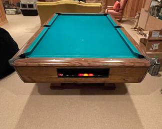 Vintage Pool Table. Measures 56" W x 8' 4" ; Felt Surface Is 7' 5" L x 45" W. Photo 2 of 4.