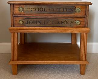 Vintage Oak John J. Clarks Spool Cotton Two Drawer Table. Measures 21" x 15" x 19" H. Photo 1 of 2.