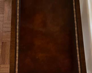 Vintage Mahogany Faux Leather Top Side Table with Gilt Stencil. Measures 21" x 15" x 23" H. Photo 2 of 3.