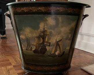 Vintage Metal Tole Sailing Motif Scuttle / Firewood Storage Caddy. Photo 1 of 3.