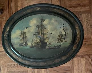 Vintage Metal Tole Sailing Motif Scuttle / Firewood Storage Caddy. Photo 2 of 3.