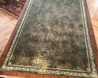 Caledonia English Reproduction Regency Style Mahogany Writing Table With Tooled Leather & Gilt Stenciled Top. Measures53" W x 30" D x 30" H. Photo 3 of 7.