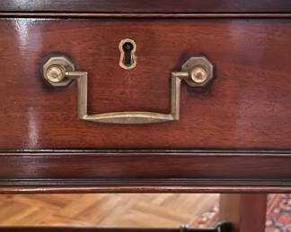 Caledonia English Reproduction Regency Style Mahogany Writing Table With Tooled Leather & Gilt Stenciled Top. Measures53" W x 30" D x 30" H. Photo 2 of 7.