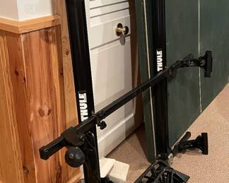 Thule Car Rack Shown with Two Bike Carrier System and Set of 3 Ski Carriers.