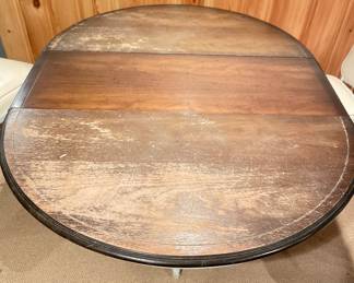 Vintage Woodard Extension Dining Table Set with 4 Chairs Upholstered in French Ticking Vinyl. Measures 58" x 32" Fully Extended. Top Needs Refinishing! Chairs are Divine! Photo 3 of 4.