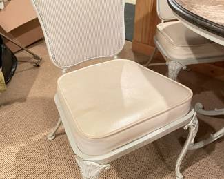 Vintage Woodard Extension Dining Table Set with 4 Chairs Upholstered in French Ticking Vinyl. Measures 58" x 32" Fully Extended. Top Needs Refinishing! Chairs are Divine! Photo 4 of 4.