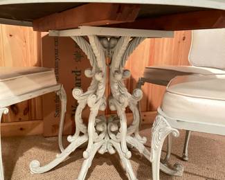 Vintage Woodard Extension Dining Table Set with 4 Chairs Upholstered in French Ticking Vinyl. Measures 58" x 32" Fully Extended. Top Needs Refinishing! Chairs are Divine! Photo 2 of 4.