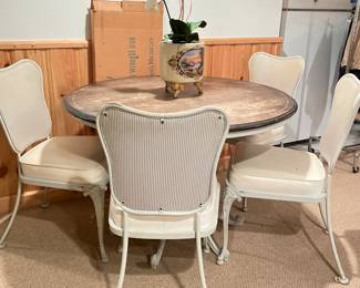 Vintage Woodard Extension Dining Table Set with 4 Chairs Upholstered in French Ticking Vinyl. Measures 58" x 32" Fully Extended. Top Needs Refinishing! Chairs are Divine! Photo 1 of 4.