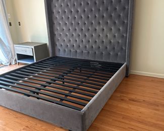 Restoration Hardware Upholstered Wingback  Platform Bed Frame with Padded Tufted Headboard and Button Tufting.