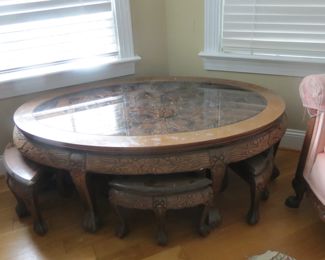 SAKE TABLE AND STOOLS.