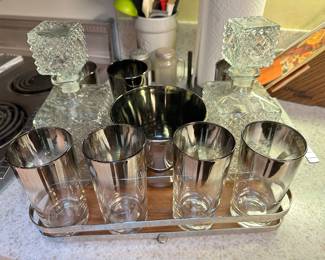 Vintage Silver Rim Dorothy Thorpe Cocktail Glasses Set - Glasses, Rack and Liquor Decanters!