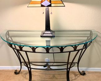 Nice, glass top entryway table with Colour Creations Timeless Serenity Tiffany-style table lamp by Tania Bricel.