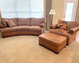 Leather and tweed sofa and matching chair with ottoman (from Adam's Furniture in Justin).