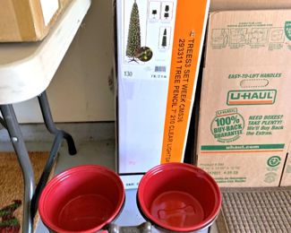 7 ft pre-lit slim Christmas tree, and dog bowls on stand