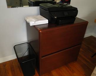 Copier, faxer, and PDF converter machine, with paper and wastebasket, and file cabinet