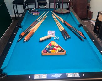 The C.L. BAILEY CO. 8ft pool table. $1500obo
Comes with ping pong table top
Pool cues, balls, rack, and accessories.
Pool table lamp is also included.
This price includes professional delivery and installation by Corner Pocket LLC and ask them about their re-felting options for different color options 
99”x55” total table size
Bar stools $100